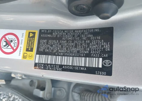 2016 Toyota Camry Le из США, поврежденный, VIN 4T4BF1FK9GR557161